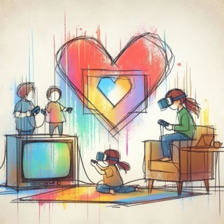 A heartwarming sketch of a family each using virtual reality headsets, AI generated