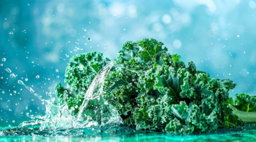 Fresh bunch of green kale floating in water. A concept of vegetarian lifestyle and vegetarian diet,