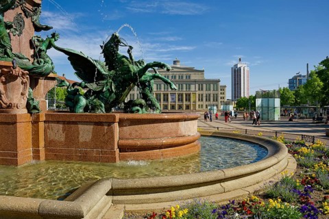 Mendebrunnen, Leipzig Opera House and Winter Garden Tower, Augustusplatz, Leipzig, Saxony, Germany,