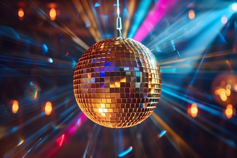 A disco ball is suspended from the ceiling at party in nightclub, reflecting the lights and