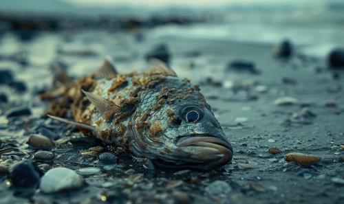 Dead fish washed ashore on a polluted beach, environment and ecological problems AI generated