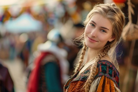 Young woman in medieval style fantasy role playing game costume garment at renaissance fair. KI