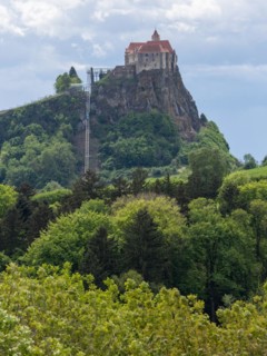 Forest edge, Riegersburg Castle in the background, Styrian volcanic country near Riegersburg,