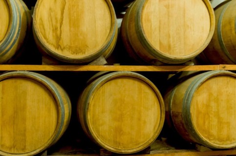 Oak barrels for wine aging in an underground cellar in Vale dos Vinhedos