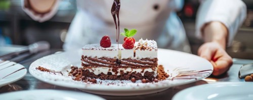 Chef is decorating a dessert with berries and other delicious additions of sweets and whipped