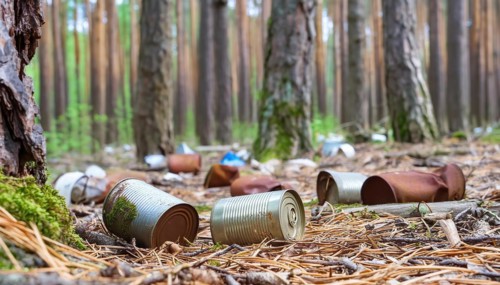 Symbolic photo, a forest of thick tree trunks, many rusty tin cans on the ground, waste,