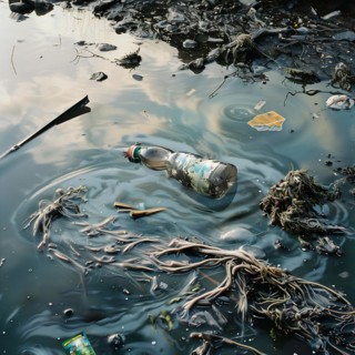 Polluted water with floating rubbish, mainly plastic bottles, documented pollution, environmental