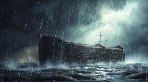Noah Ark is in the water with a group of people and animals on it, AI generated