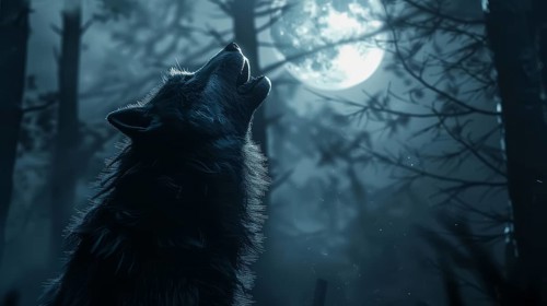 A mystical scene of a wolf howling under the moonlight amidst silhouetted trees, AI generated