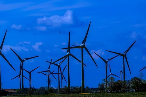 Wind turbines in the Luetetsburg wind farm on the North Sea coast, Hagermarsch, East Frisia, Lower