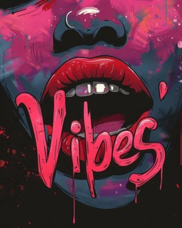 Graffiti-style art with vibrant lips and the word 'Vibes' in bold lettering, AI Generated, AI