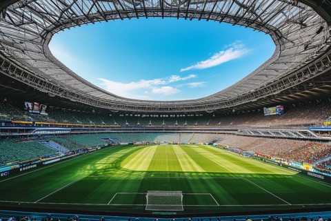 A soccer field with a large crowd of people spectators fans watching the game view. The stadium is