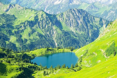 Panorama from Zeigersattel to Seealpsee, Allgaeu Alps, Allgaeu, Bavaria, Germany, Europe