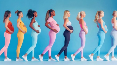 A group of pregnant women are standing in a line, with each woman wearing a different colored