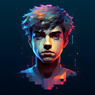 AI generated boys human head digitalised in pixel art style presenting a mosaic of vibrant hues in