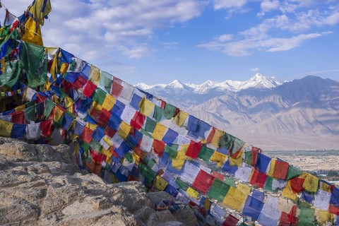 Panorama from Tsenmo hill over Leh and the Indus valley to Stok Kangri, 6153m, Ladakh, Jammu and