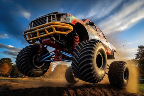 Monster truck driving and jumping outdoors amidst a cloud of dust. Thrill and adrenaline of an