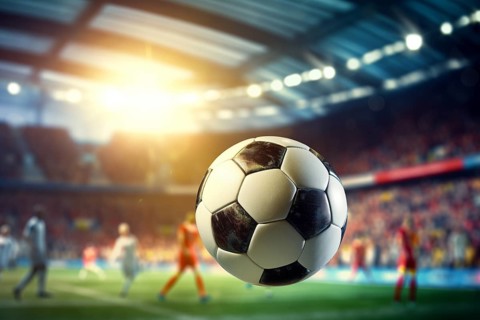 A soccer ball is in the air on football stadium, surrounded by players on a field during the game,