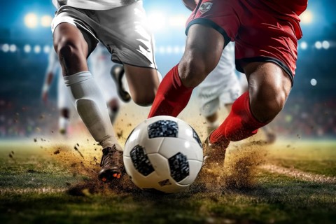 Two soccer players struggle dribble and kick a ball on a football stadium field, AI generated
