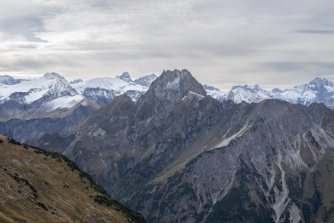 Mountain panorama from Laufbacher-Eckweg to Hoefats, 2259m, Allgaeu Alps, Allgaeu, Bavaria,