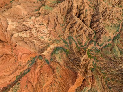 Top down view, gorge with eroded red sandstone rocks, Konorchek Canyon, Boom Gorge, aerial view,