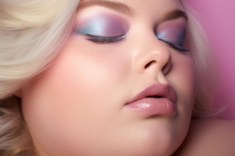 Close up of round face of curvy plus size woman with pastel colored glamouros makeup. KI generiert,