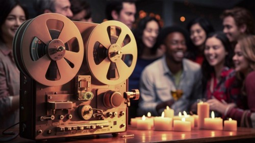 Retro reel-to-reel tape player at a social gathering with people and warm candle light, AI
