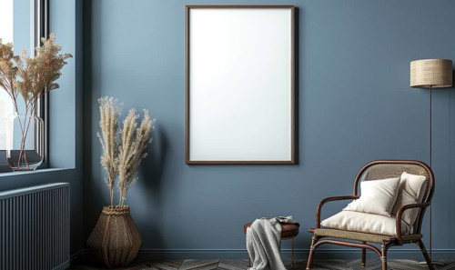 A blank image frame mockup on a slate blue wall AI generated