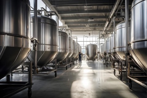 AI generated modern winery production line with stainless steel fermenting tanks