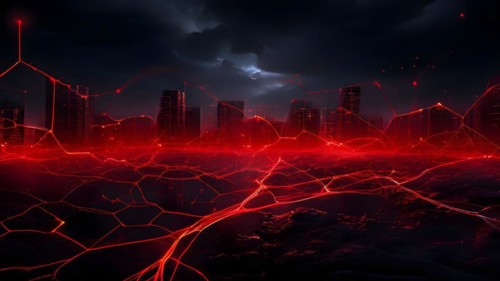 Ai generated conceptual illustration of a neuronal network with city skyline in the background in