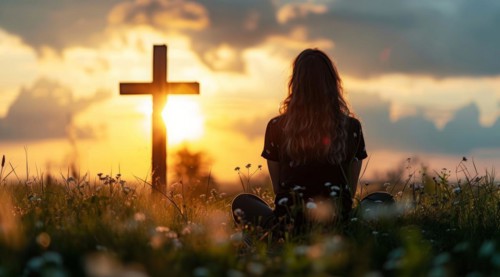 Devout faithful christian prays in front of the cross at a dramatic sunset with beautiful skies, AI