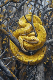 Stylized yellow tree snake wrapped around branches, AI generated