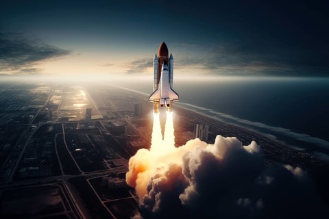 Aerial view of a rocket shuttle carrier launch at sunrise over an ocean coast. The rocket is