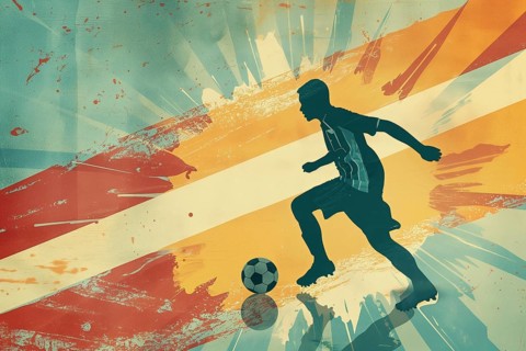 A soccer player dribbles and kicks a soccer ball. Abstract vintage grungy poster style with muted