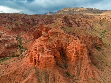 Gorge with eroded red sandstone rocks, Konorchek Canyon, Boom Gorge, aerial view, Kyrgyzstan, Asia