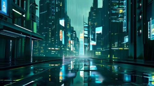 AI generated illustration of a cityscape with skyscrapers and holographic elements in grey and