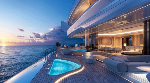 A large luxury yacht with a pool on the side of it. The pool is surrounded by a railing and has a