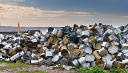 Symbol photo, waste, a large quantity of empty open tinplate cans on a heap, AI generated, AI