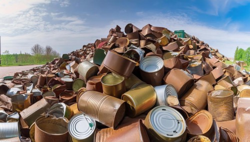 Symbol photo, waste, a large quantity of empty open rusted tinplate cans on a heap, AI generated,