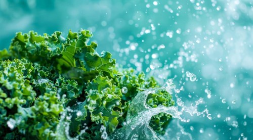 Fresh bunch of green kale floating in water. A concept of vegetarian lifestyle and vegetarian diet,