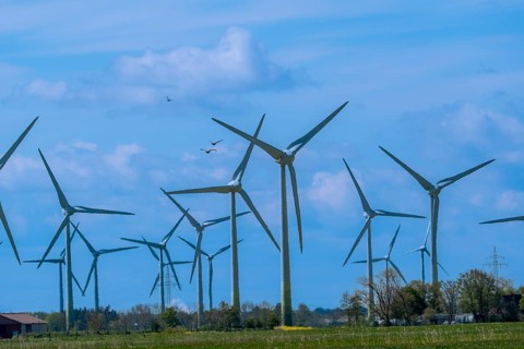 Wind turbines in the Luetetsburg wind farm on the North Sea coast, Hagermarsch, East Frisia, Lower