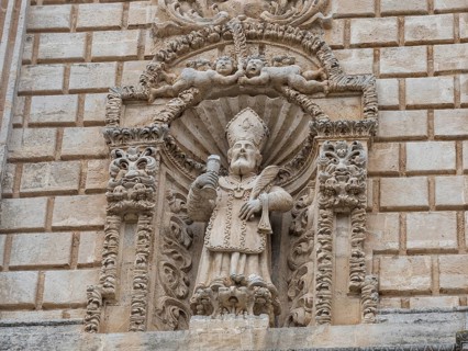 Figure of a saint, relief on the facade of San Nicola Cathedral, Cattedrale Turritana Sassari,