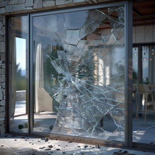 A smashed patio door with a view of the inside of a house during the day, burglary, burglar,