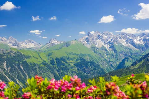 Panorama from Fellhorn, central main ridge of the Allgaeu Alps, Allgaeu, Bavaria, Germany, Europe