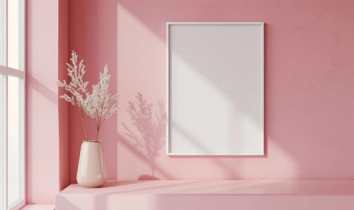 A blank image frame mockup on a soft blush pink wall in a minimalistic modern interior room AI