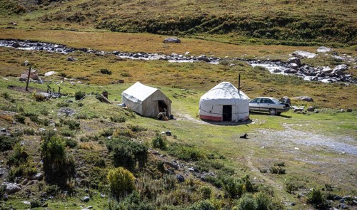 Yurt and hut in the mountains, Issyk Kul, Kyrgyzstan, Asia