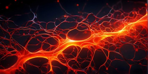 Ai generated conceptual illustration of a neuronal network with interconnected nodes pulsating in