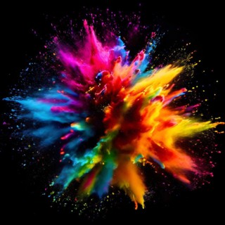 Rainbow-colored holi powder explosively dispersing against a black background, AI generated