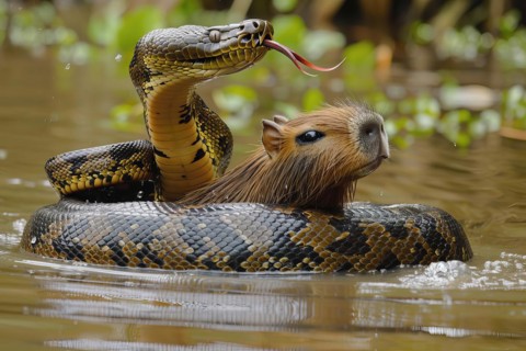 Large anaconda chasing a capybara, AI generated
