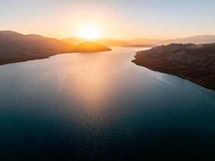 Sunset over the Toktogul reservoir at sunset, aerial view, Kyrgyzstan, Asia